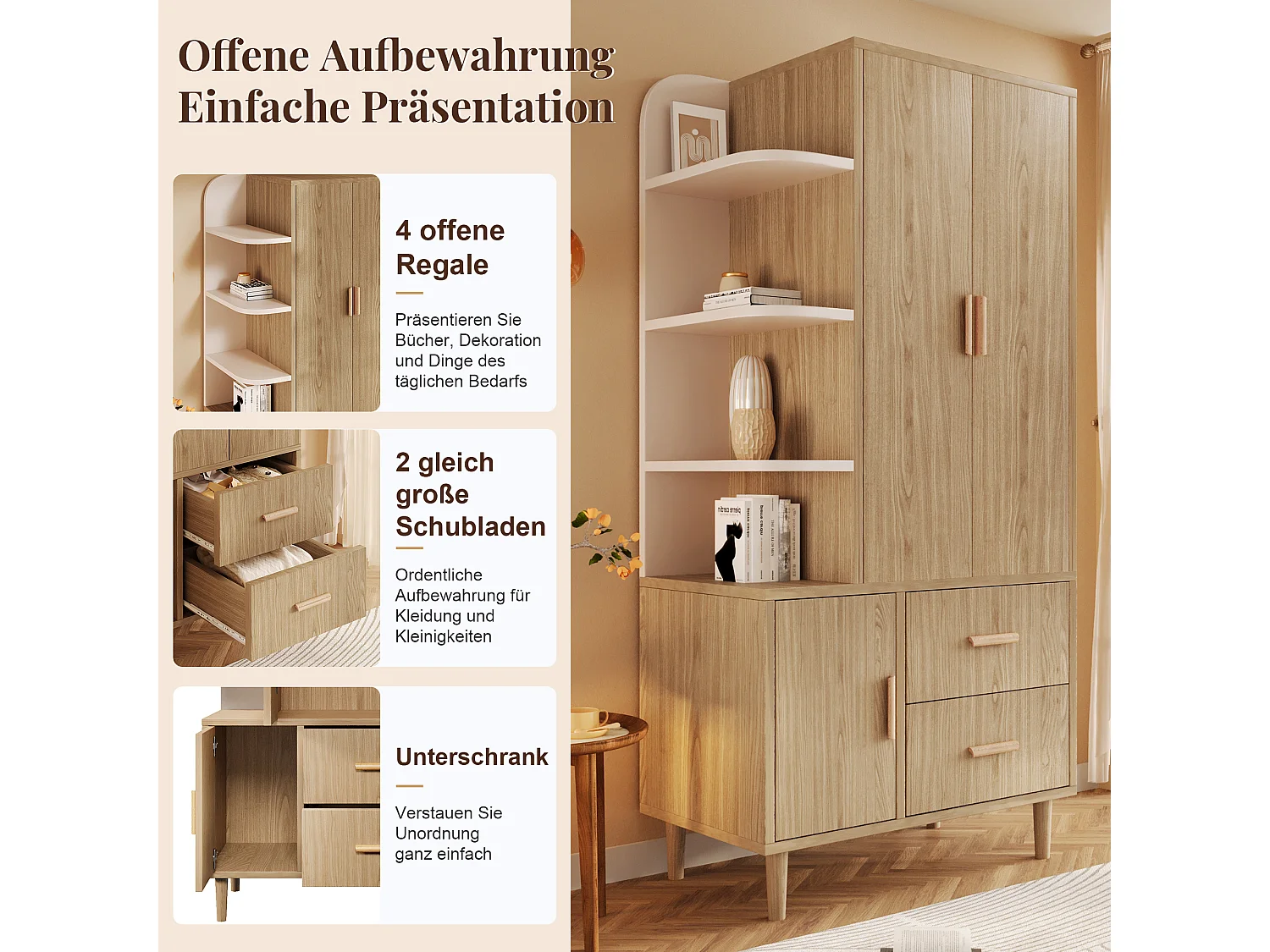 Szafa 3-drzwiowa, oświetlenie LED z czujnikiem ruchu, 1 drążek na ubrania, 2 szuflady i półki – płyta MDF i wiórowa – 80 x 48 x 176 cm – kolor biały i dąb