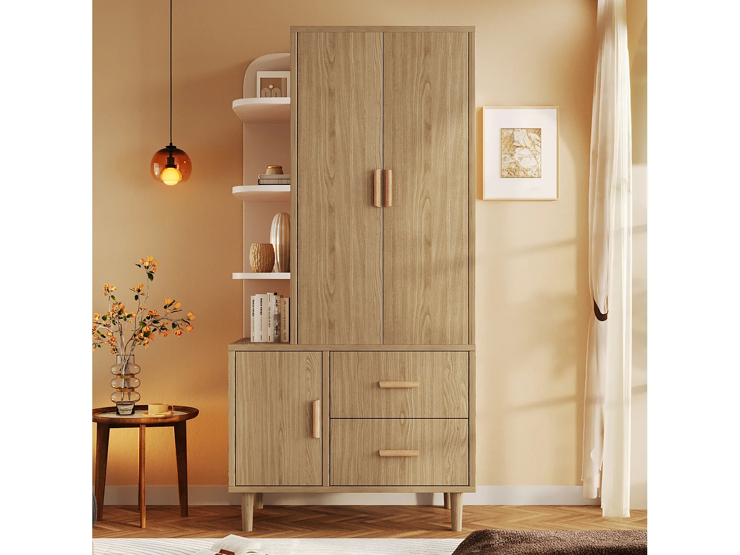 Szafa 3-drzwiowa, oświetlenie LED z czujnikiem ruchu, 1 drążek na ubrania, 2 szuflady i półki – płyta MDF i wiórowa – 80 x 48 x 176 cm – kolor biały i dąb