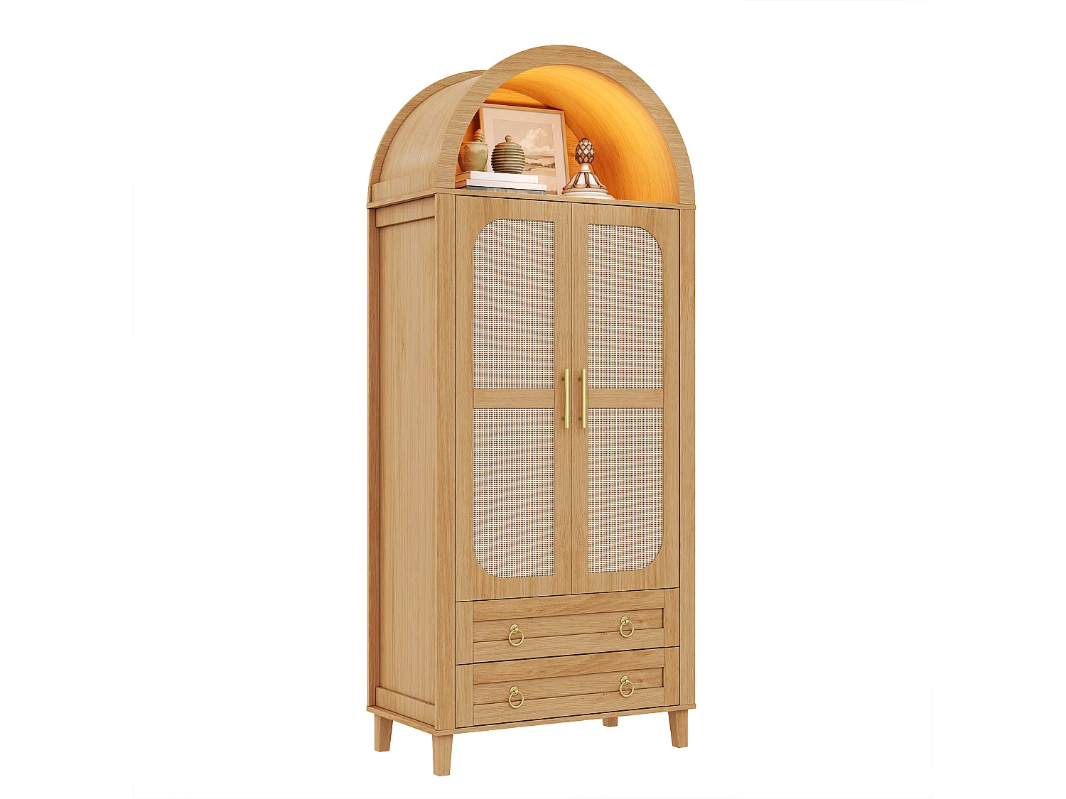 Kleiderschrank mit 2 Türen in Rattanoptik, 2 Schubladen, Kleiderstange und LED-Beleuchtung – MDF und Spanplatte – 76 x 50 x 184 cm – Natur