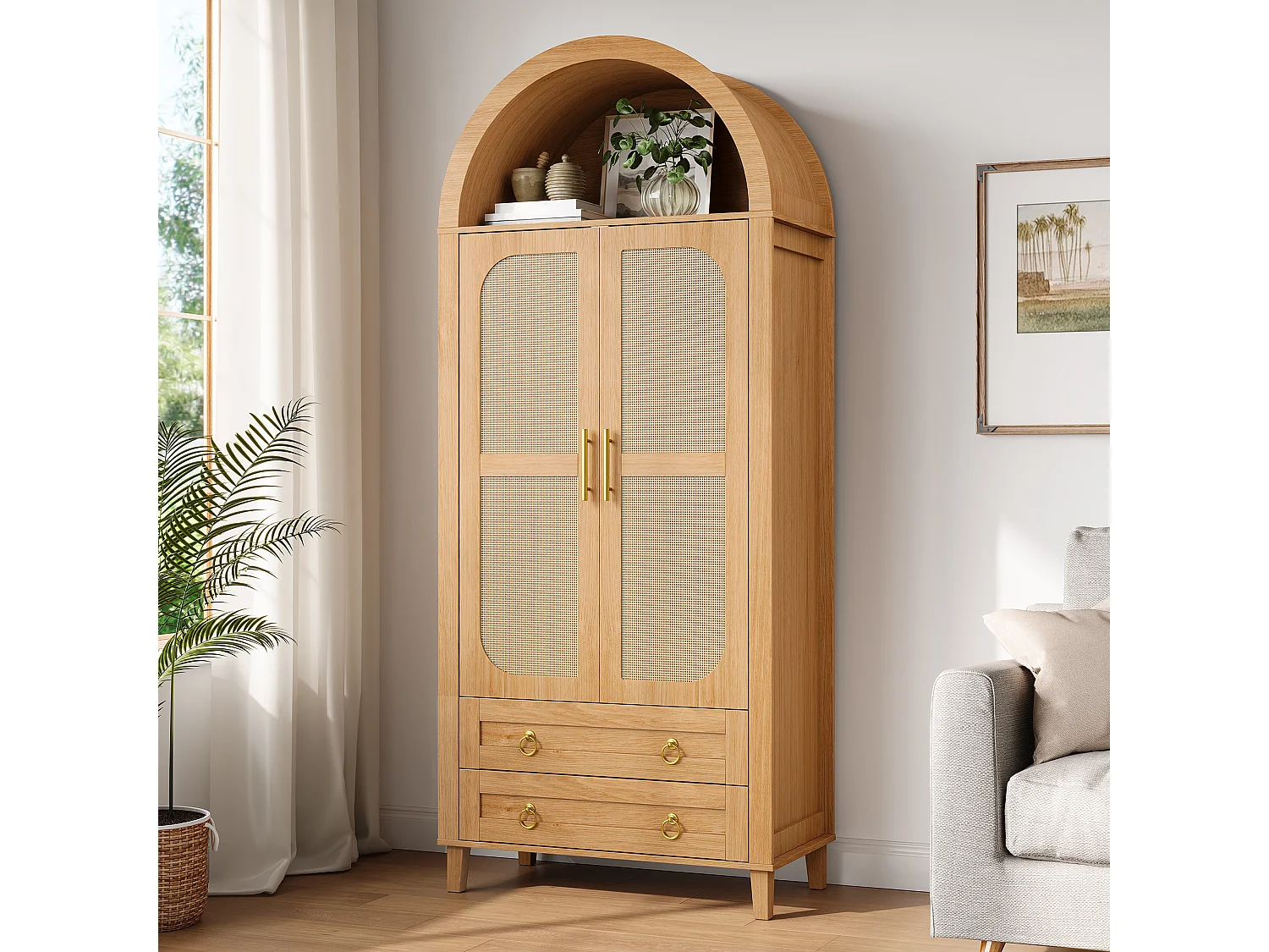 Kleiderschrank mit 2 Türen in Rattanoptik, 2 Schubladen, Kleiderstange und LED-Beleuchtung – MDF und Spanplatte – 76 x 50 x 184 cm – Natur