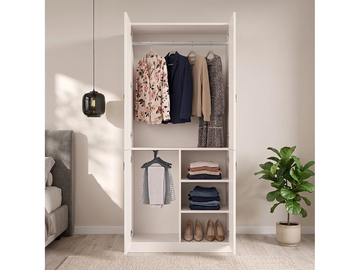 Kleiderschrank mit 2 Kleiderstangen und 3 Einlegeböden – MDF – 90 x 48 x 200 cm – Weiß