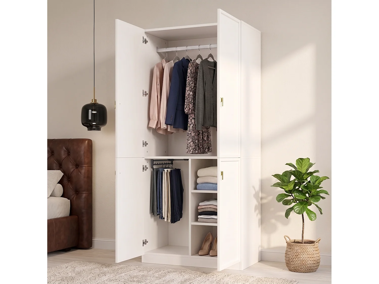 Kleiderschrank mit 2 Kleiderstangen und 3 Einlegeböden – MDF – 90 x 48 x 200 cm – Weiß