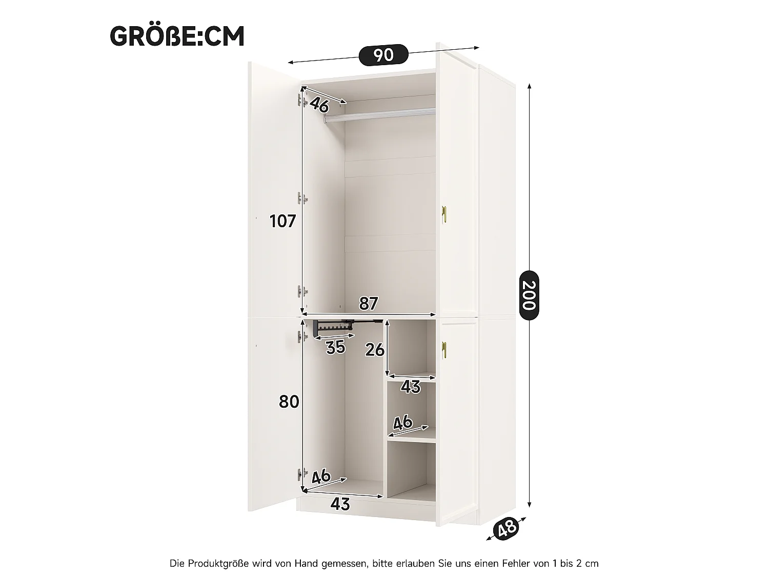 Kleiderschrank mit 2 Kleiderstangen und 3 Einlegeböden – MDF – 90 x 48 x 200 cm – Weiß