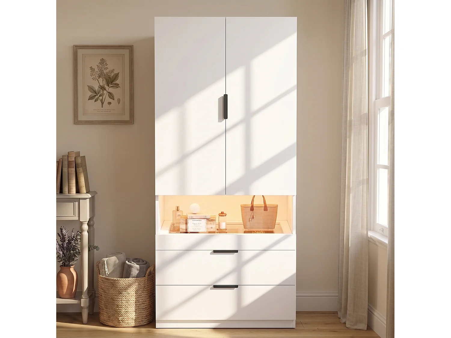Armoire avec 2 portes, LED, tiroir à bijoux, 1 penderie et 2 tiroirs - MDF, panneaux de particules et verre - 90 x 50 x 200 cm - blanc