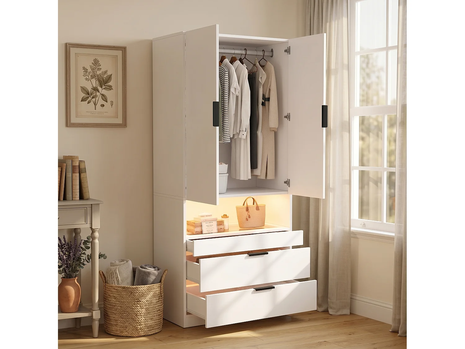Armoire avec 2 portes, LED, tiroir à bijoux, 1 penderie et 2 tiroirs - MDF, panneaux de particules et verre - 90 x 50 x 200 cm - blanc