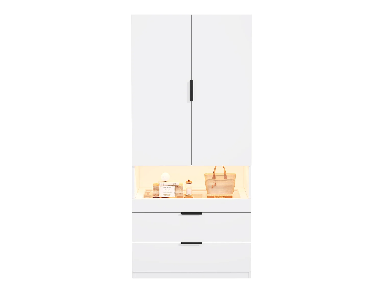 Armoire avec 2 portes, LED, tiroir à bijoux, 1 penderie et 2 tiroirs - MDF, panneaux de particules et verre - 90 x 50 x 200 cm - blanc