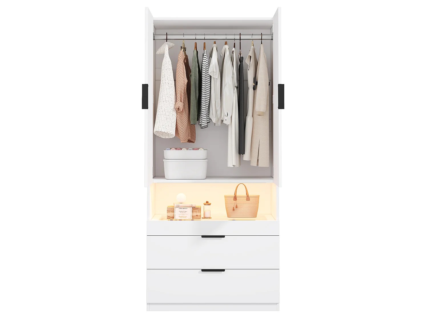 Armoire avec 2 portes, LED, tiroir à bijoux, 1 penderie et 2 tiroirs - MDF, panneaux de particules et verre - 90 x 50 x 200 cm - blanc