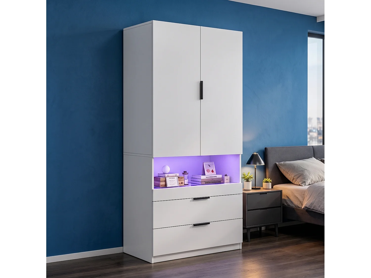 Armoire avec 2 portes, LED, tiroir à bijoux, 1 penderie et 2 tiroirs - MDF, panneaux de particules et verre - 90 x 50 x 200 cm - blanc