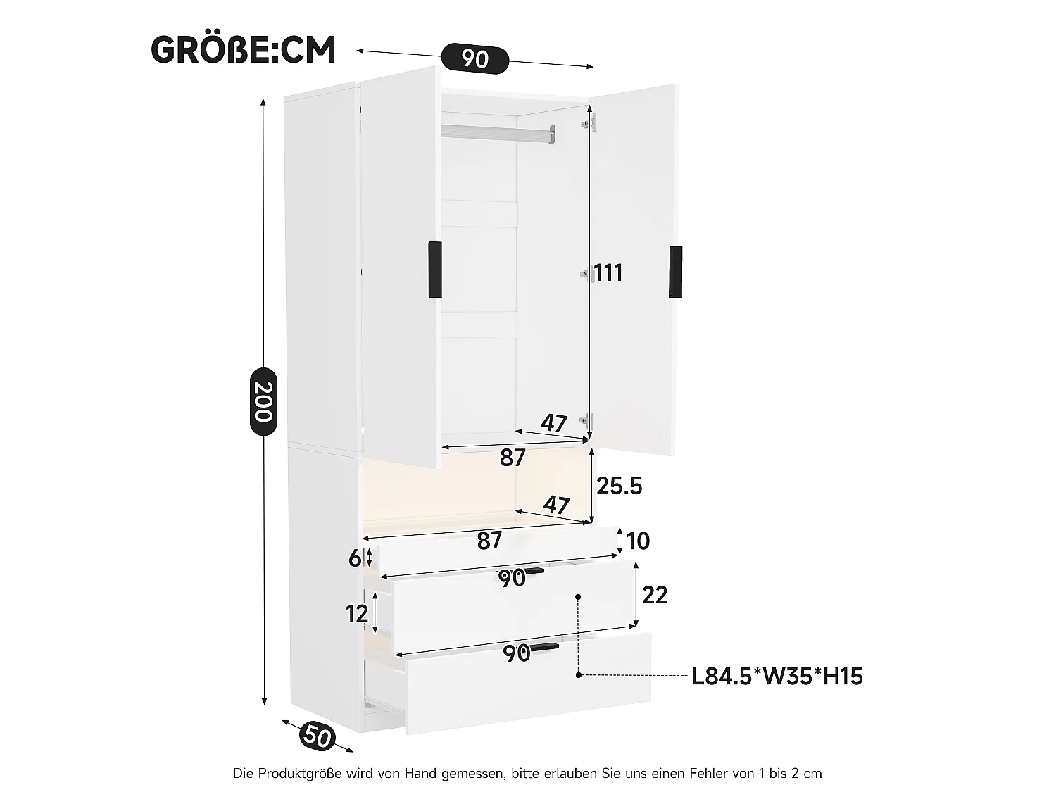 Armoire avec 2 portes, LED, tiroir à bijoux, 1 penderie et 2 tiroirs - MDF, panneaux de particules et verre - 90 x 50 x 200 cm - blanc