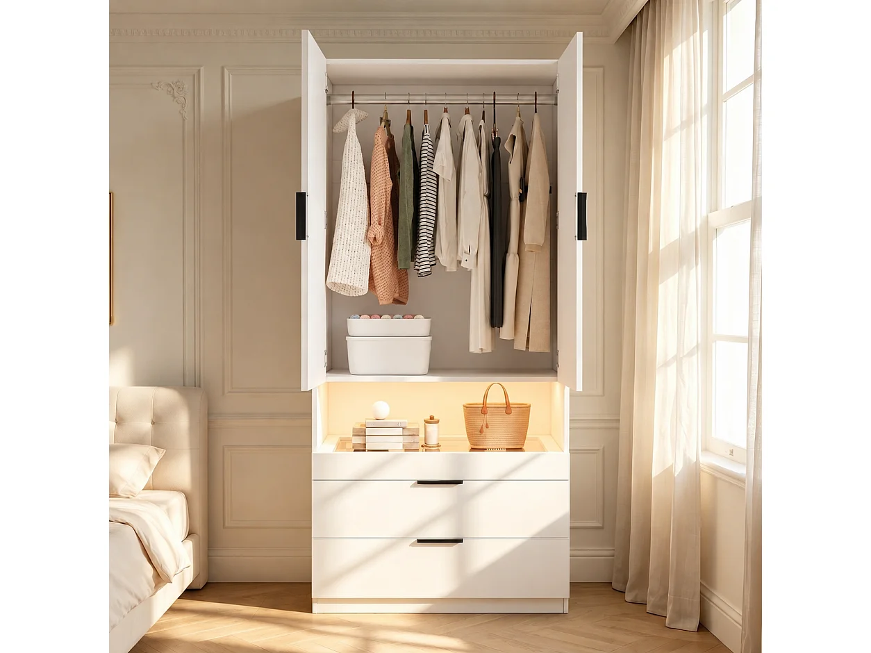 Armoire avec 2 portes, LED, tiroir à bijoux, 1 penderie et 2 tiroirs - MDF, panneaux de particules et verre - 90 x 50 x 200 cm - blanc