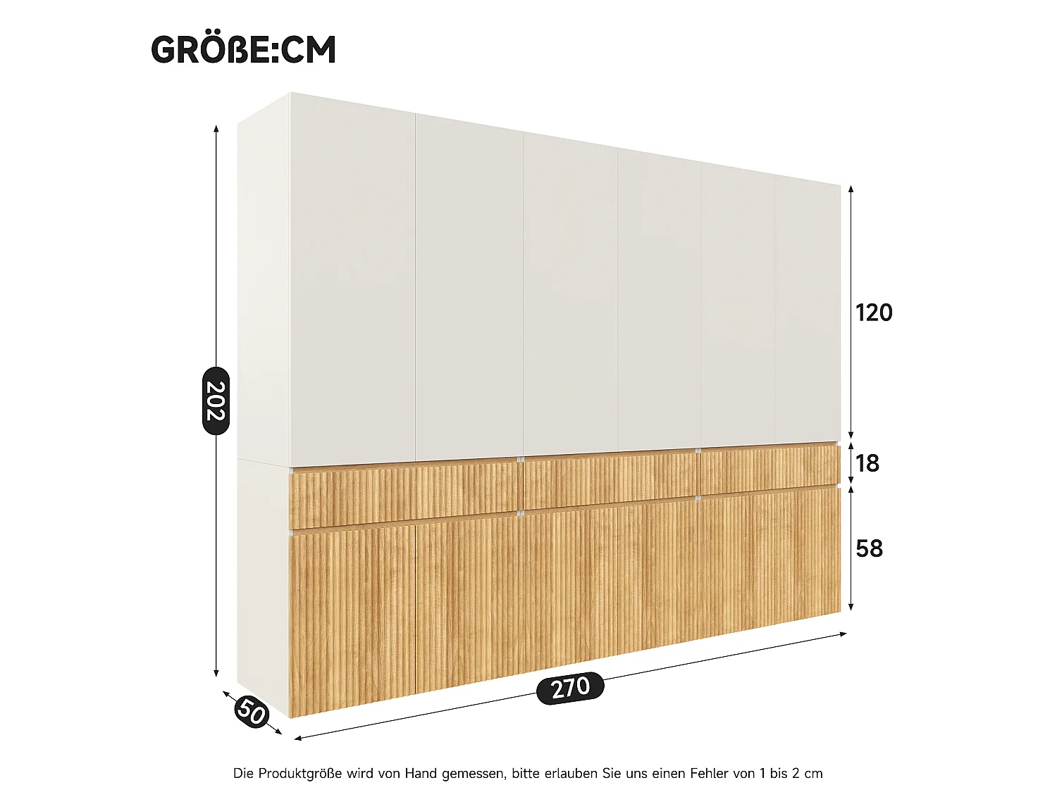 Kleiderschrank mit 12 Türen, 3 Kleiderstangen und 3 Schubladen – MDF und Spanplatte – 270 x 50 x 200 cm – helle Eiche und Grau