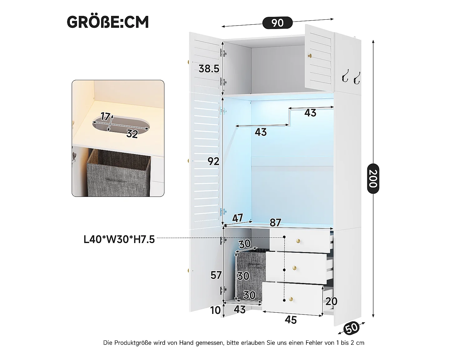 Kleiderschrank mit 4 Türen, Wäschekorb, Kleiderstange, LED-Beleuchtung und 3 Schubladen – Spanplatte – 90 x 50 x 200 cm – weiß