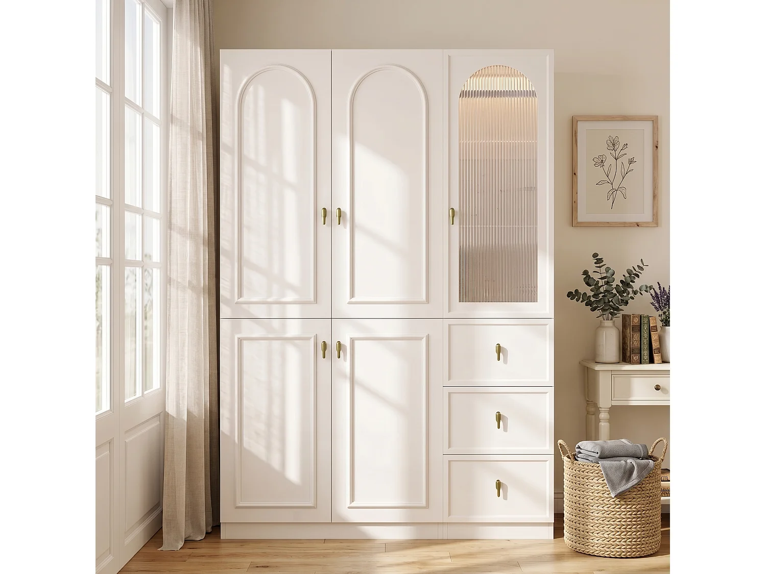 5-türiger Kleiderschrank mit 3 Kleiderstangen, 3 Schubladen und LED-Beleuchtung – MDF – 135 x 48 x 200 cm – Weiß