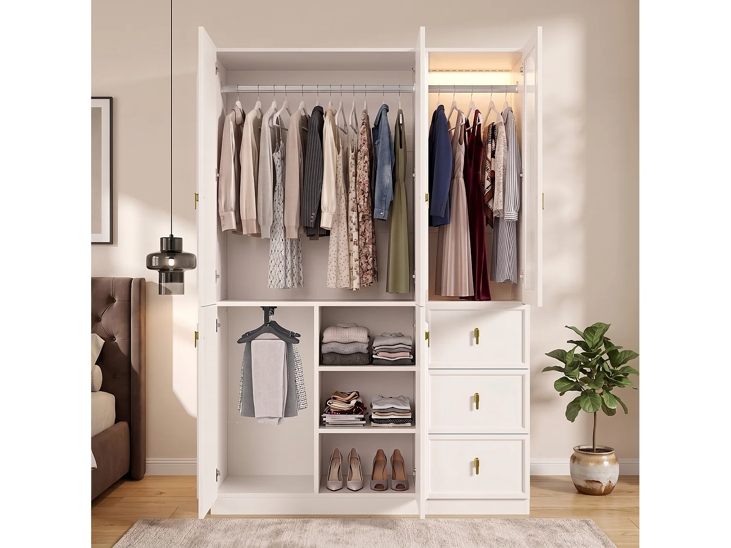 5-türiger Kleiderschrank mit 3 Kleiderstangen, 3 Schubladen und LED-Beleuchtung – MDF – 135 x 48 x 200 cm – Weiß