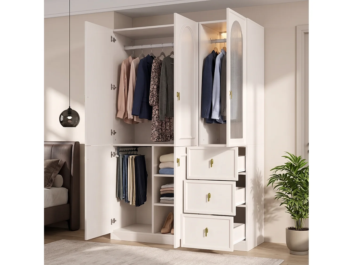 5-türiger Kleiderschrank mit 3 Kleiderstangen, 3 Schubladen und LED-Beleuchtung – MDF – 135 x 48 x 200 cm – Weiß