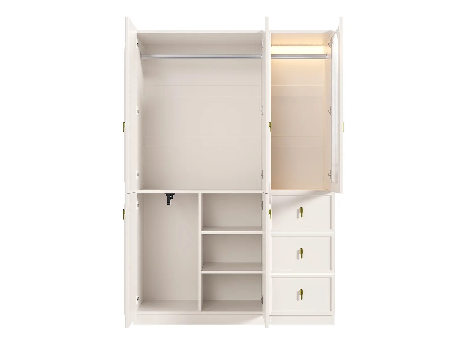 5-türiger Kleiderschrank mit 3 Kleiderstangen, 3 Schubladen und LED-Beleuchtung – MDF – 135 x 48 x 200 cm – Weiß