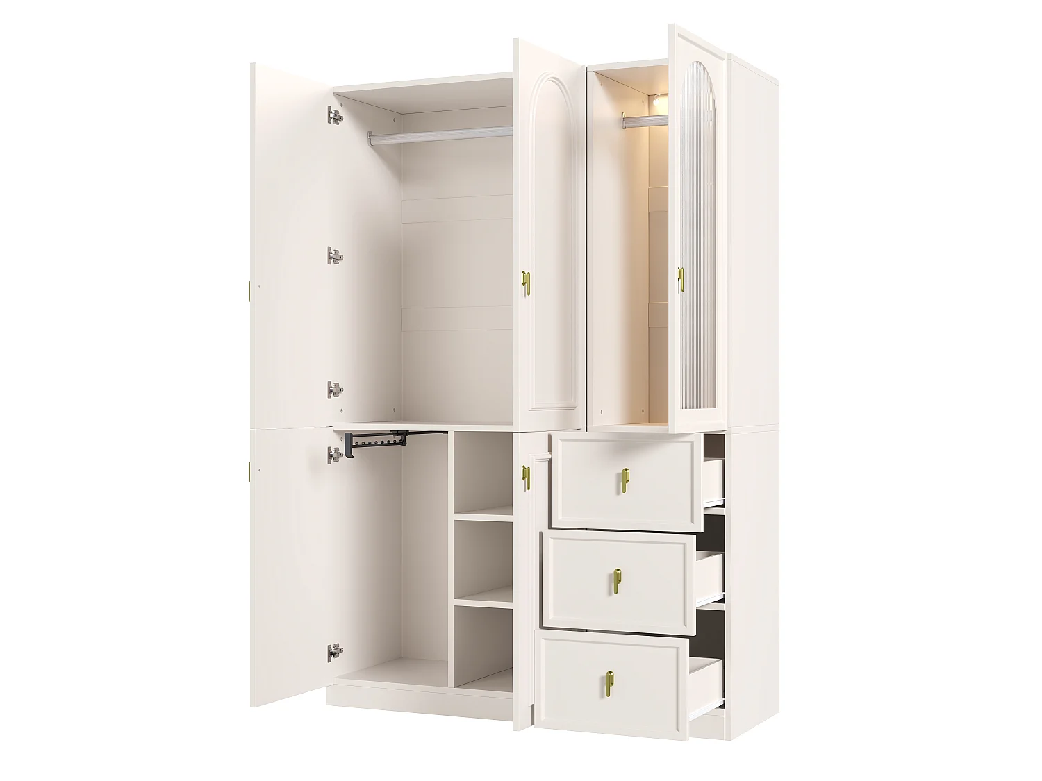 5-türiger Kleiderschrank mit 3 Kleiderstangen, 3 Schubladen und LED-Beleuchtung – MDF – 135 x 48 x 200 cm – Weiß