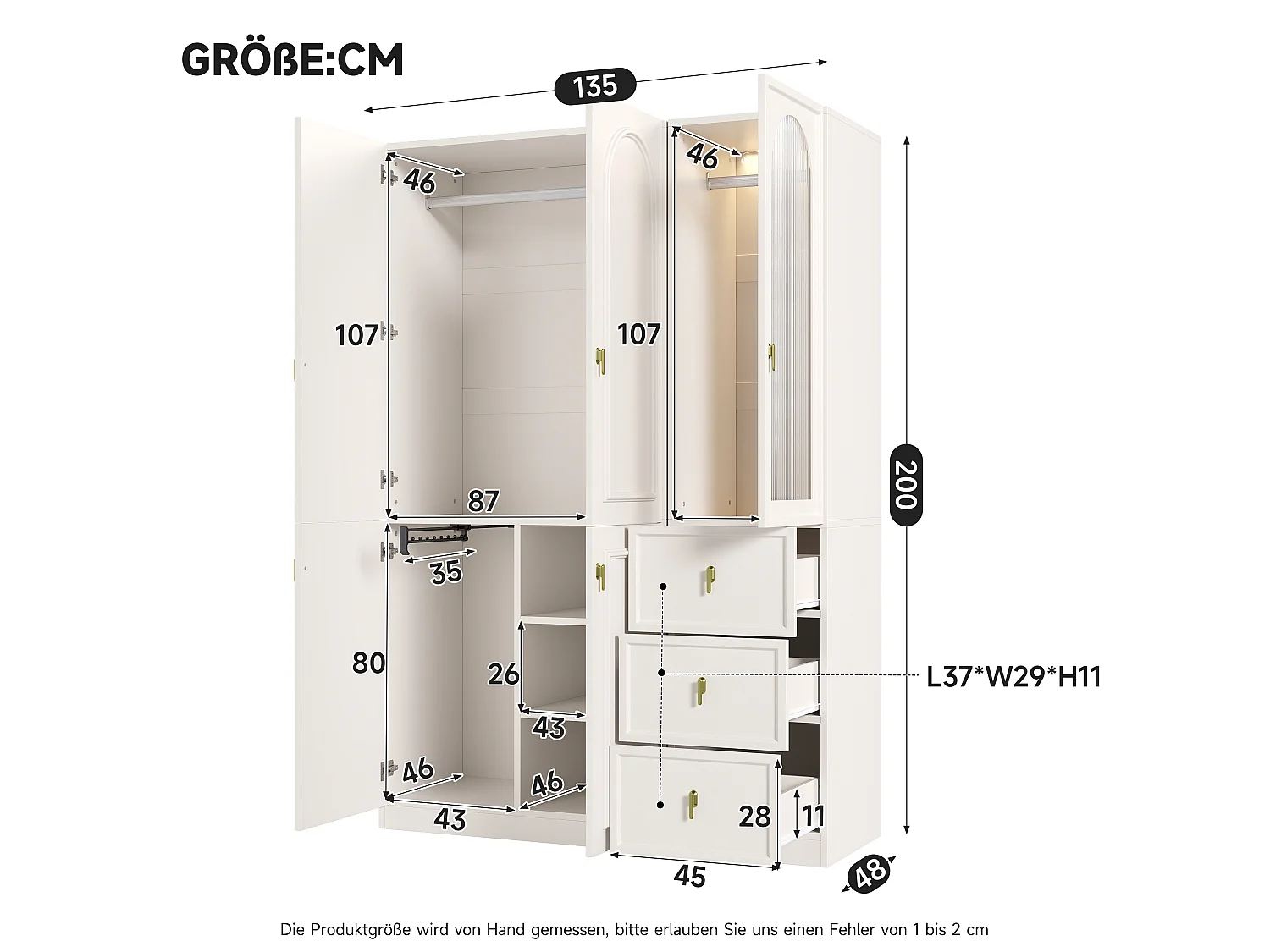 5-türiger Kleiderschrank mit 3 Kleiderstangen, 3 Schubladen und LED-Beleuchtung – MDF – 135 x 48 x 200 cm – Weiß
