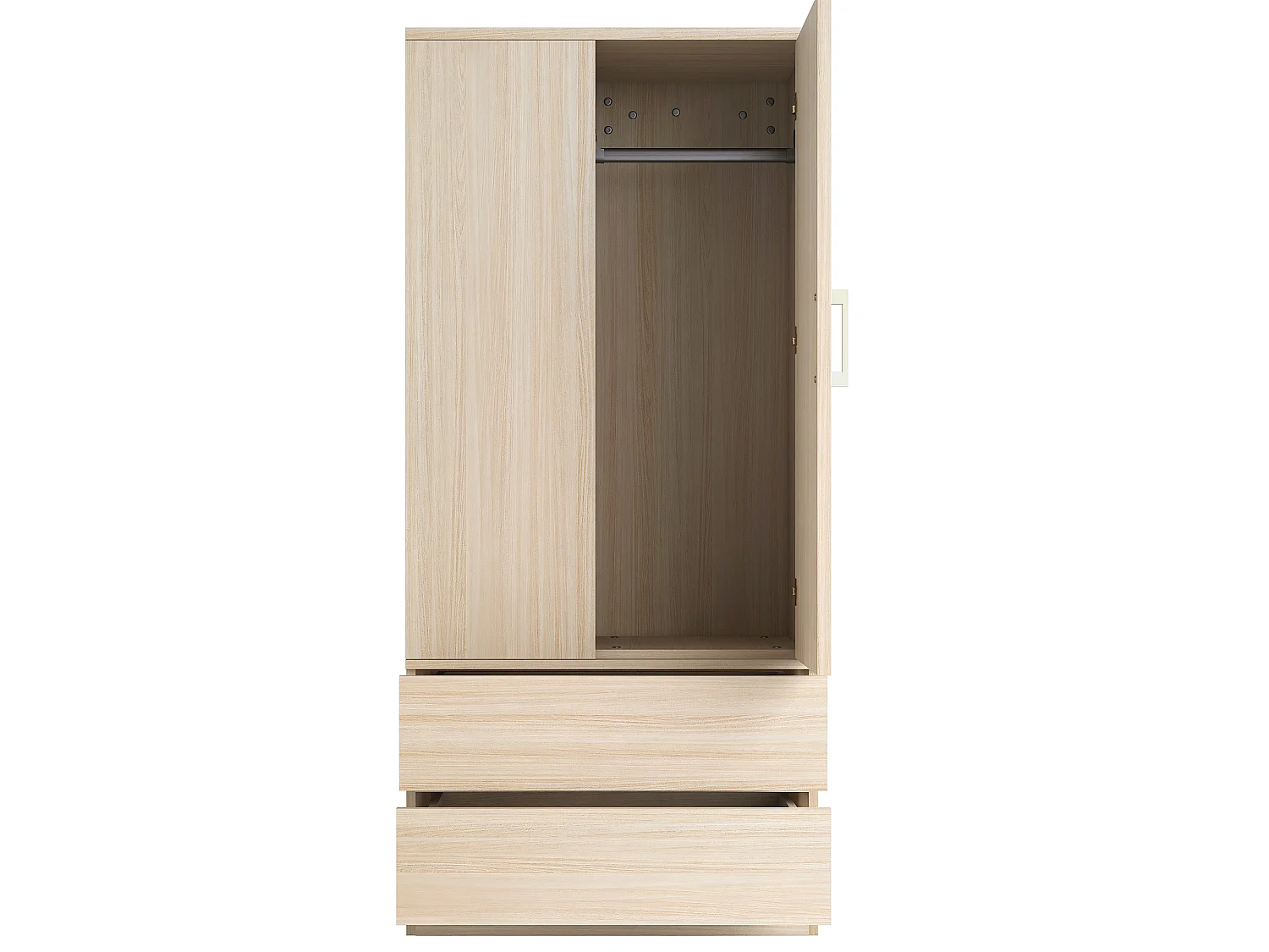 Kleiderschrank mit einer Tür, Kleiderstange, zwei Schubladen und offenen Regalfächern – Holz, Metall, Sperrholz und MDF – 70 x 50 x 175 cm – Holzoptik