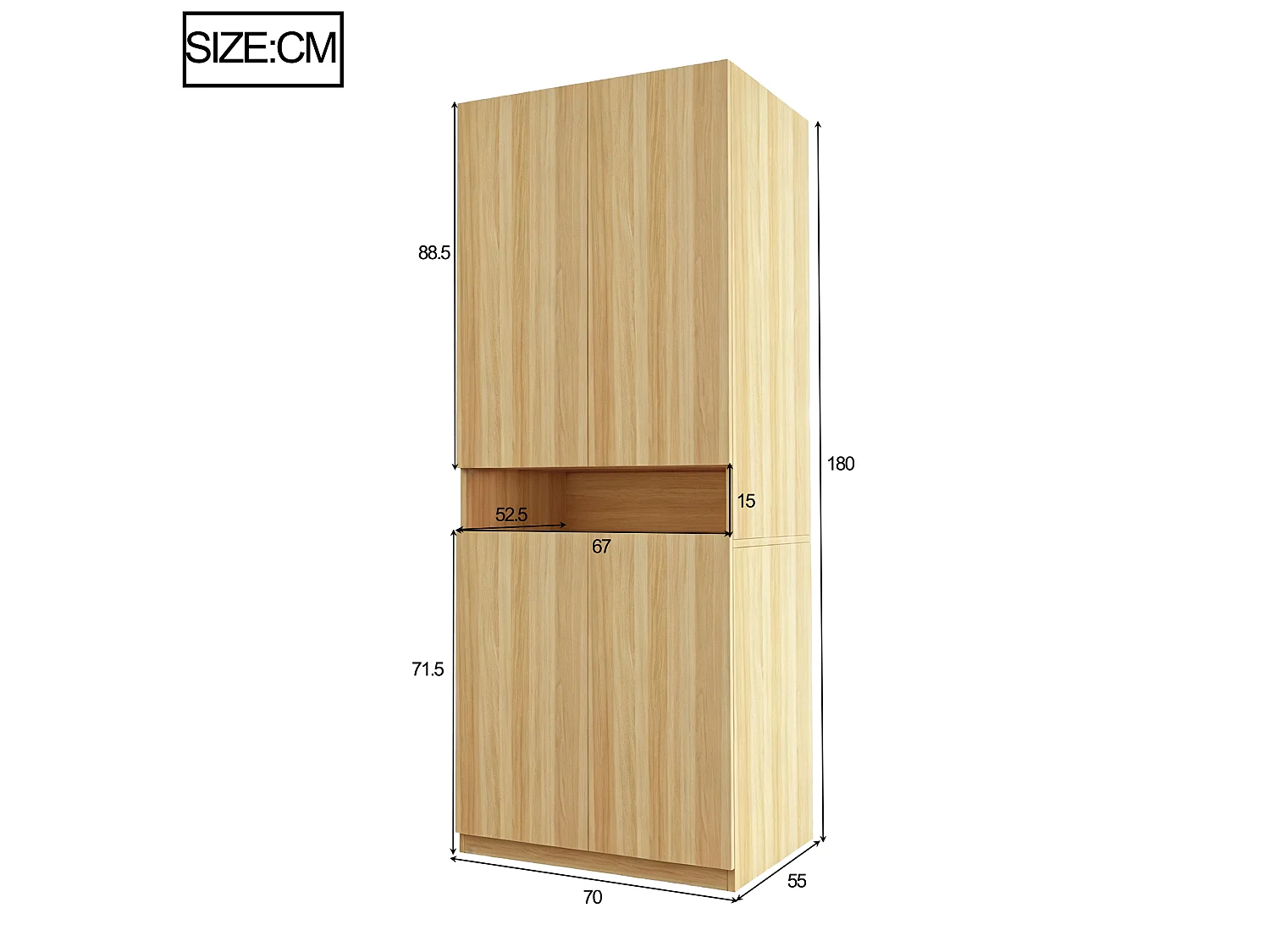 Szafka 4 Drzwi z przegródkami i szafą LED - Panele metalowe i kompozytowe - 70 x 55 x 180 cm - Wygląd drewna