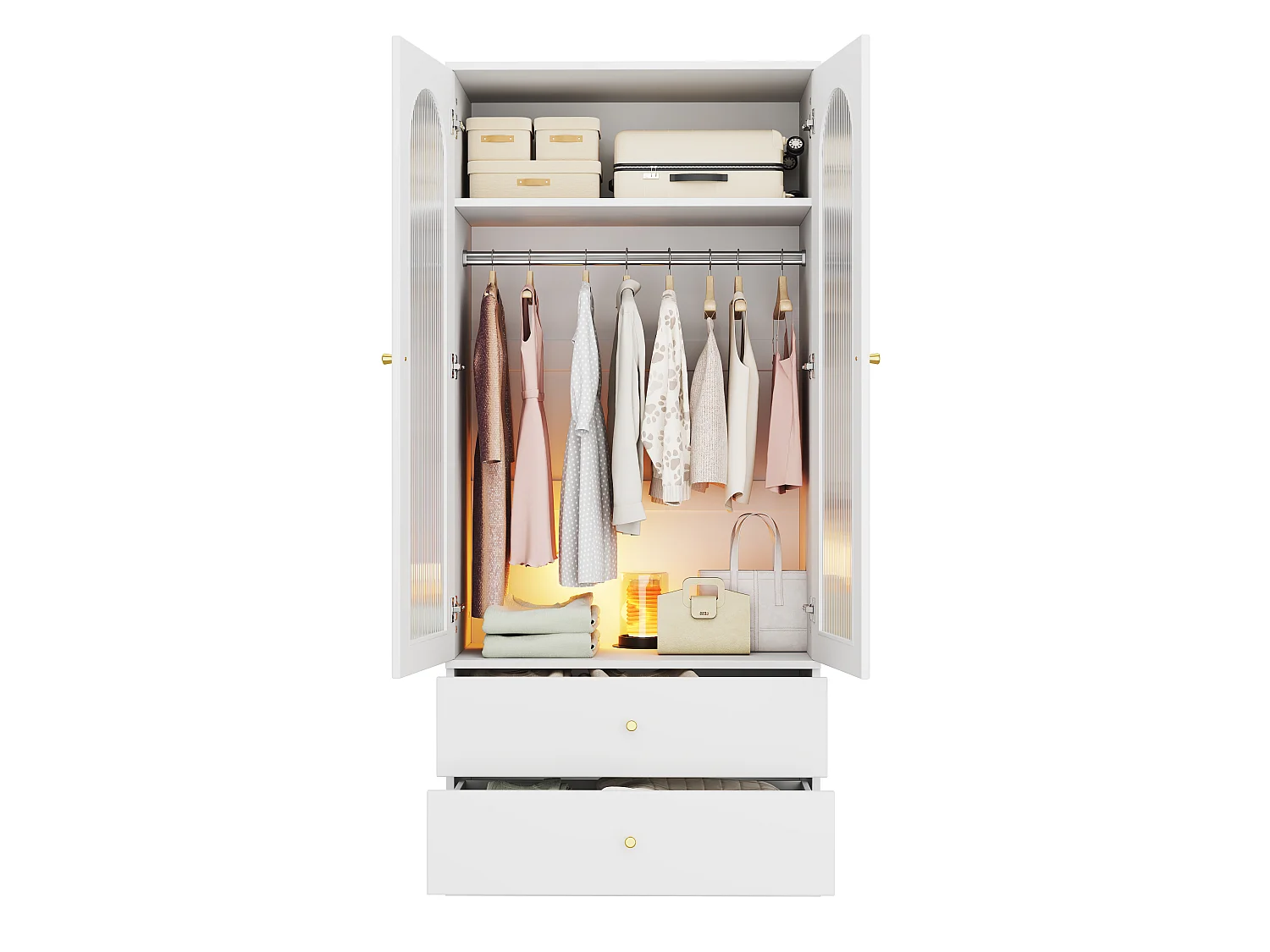 Zweitüriger Glaskleiderschrank mit Kleiderstange und zwei Schubladen – MDF und Glas – 90 x 50 x 200 cm – Weiß