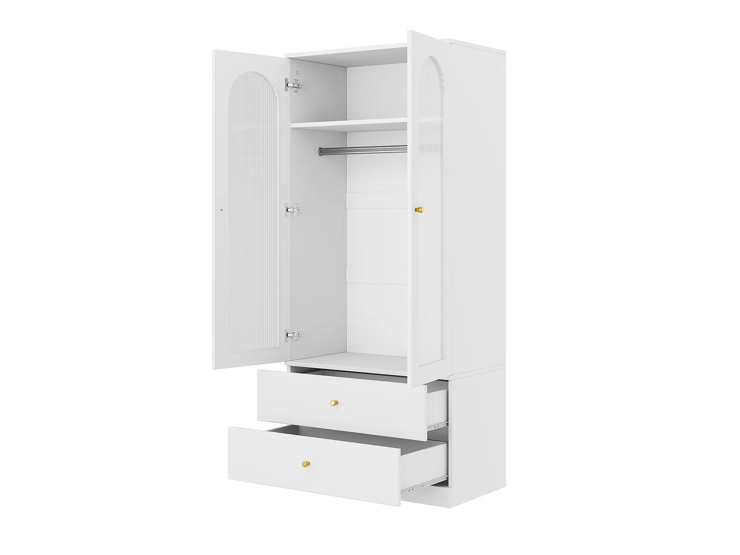 Zweitüriger Glaskleiderschrank mit Kleiderstange und zwei Schubladen – MDF und Glas – 90 x 50 x 200 cm – Weiß