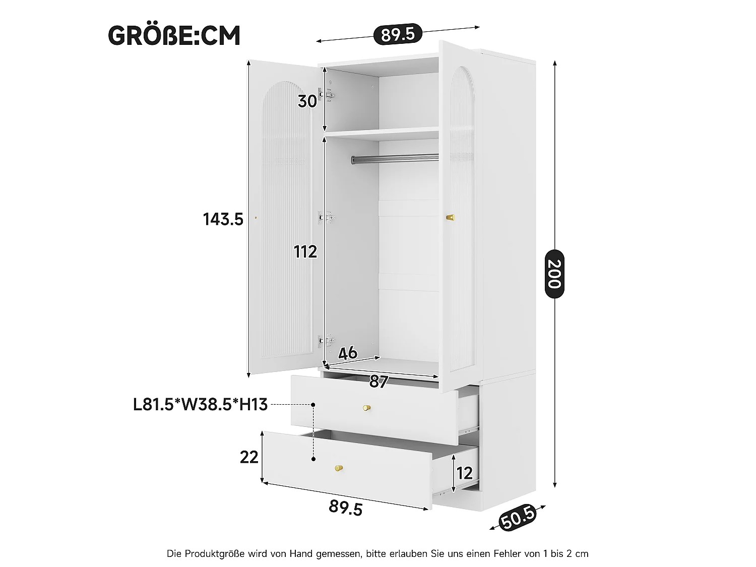 Zweitüriger Glaskleiderschrank mit Kleiderstange und zwei Schubladen – MDF und Glas – 90 x 50 x 200 cm – Weiß