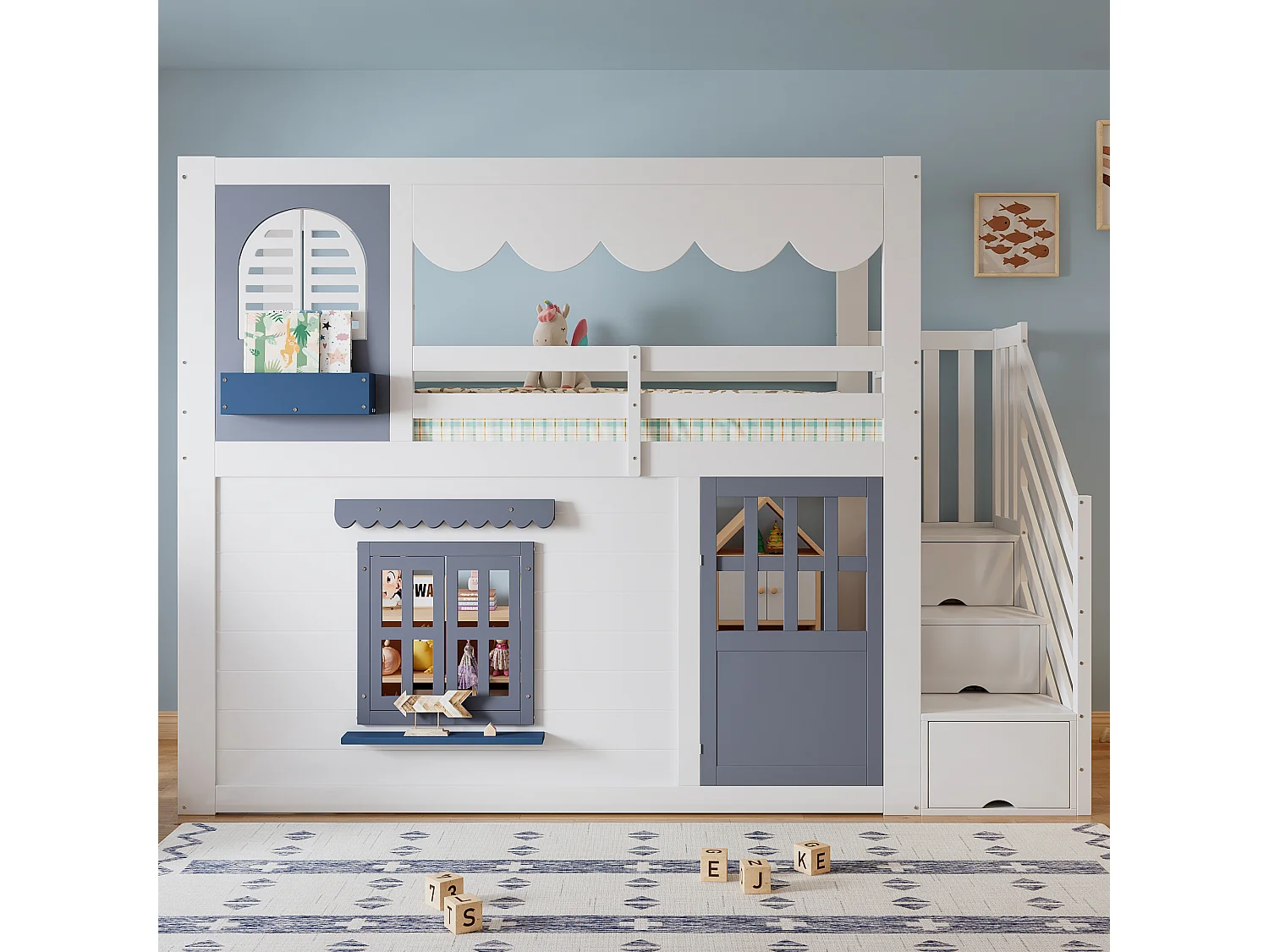 Letto a soppalco per bambini 90 x 200 cm con scaletta contenitore, porta e finestra - Pino + MDF - Bianco e blu (materasso non incluso)