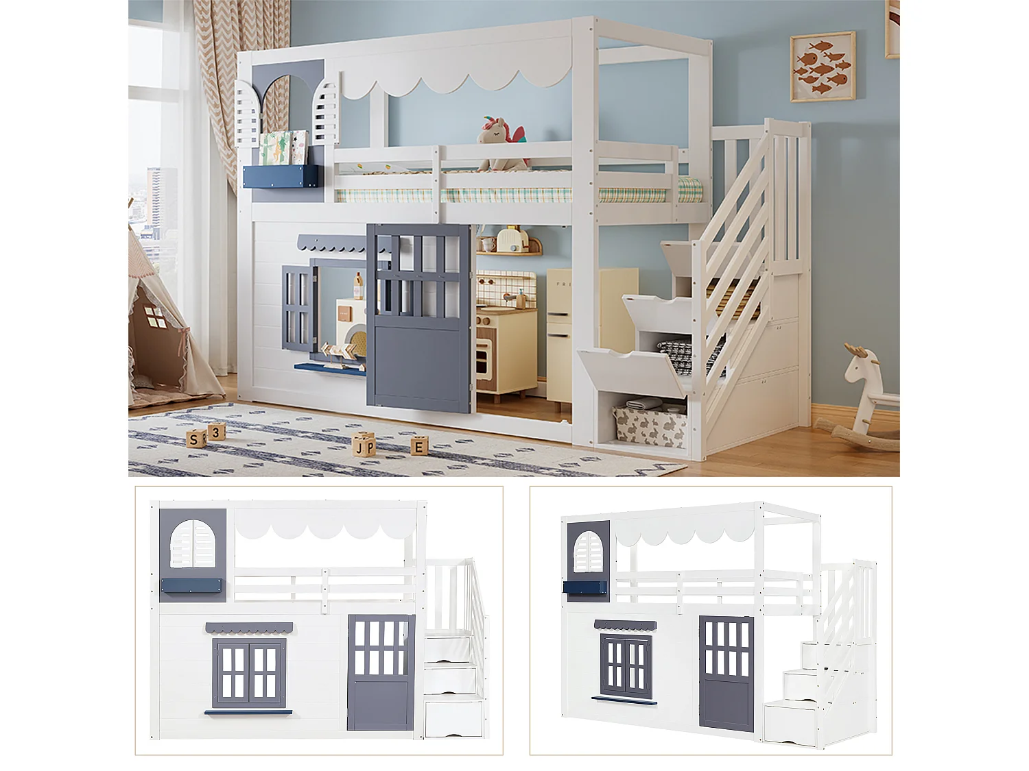 Letto a soppalco per bambini 90 x 200 cm con scaletta contenitore, porta e finestra - Pino + MDF - Bianco e blu (materasso non incluso)