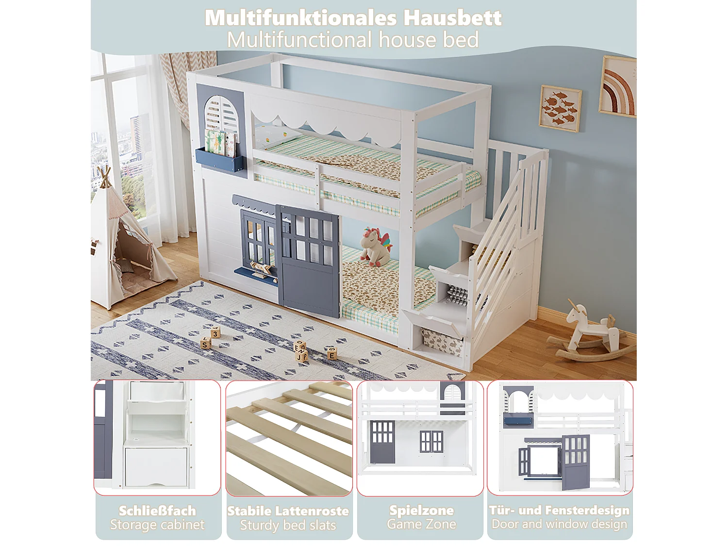 Letto a soppalco per bambini 90 x 200 cm con scaletta contenitore, porta e finestra - Pino + MDF - Bianco e blu (materasso non incluso)