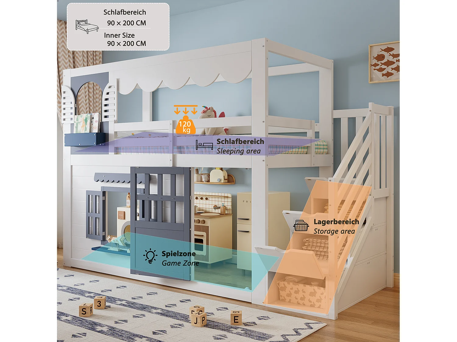 Letto a soppalco per bambini 90 x 200 cm con scaletta contenitore, porta e finestra - Pino + MDF - Bianco e blu (materasso non incluso)