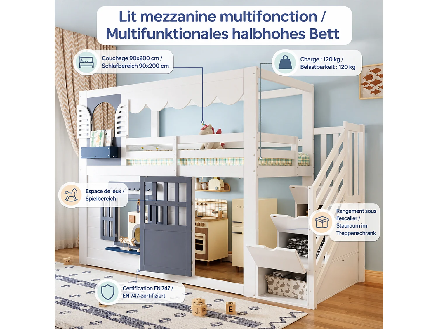 Letto a soppalco per bambini 90 x 200 cm con scaletta contenitore, porta e finestra - Pino + MDF - Bianco e blu (materasso non incluso)