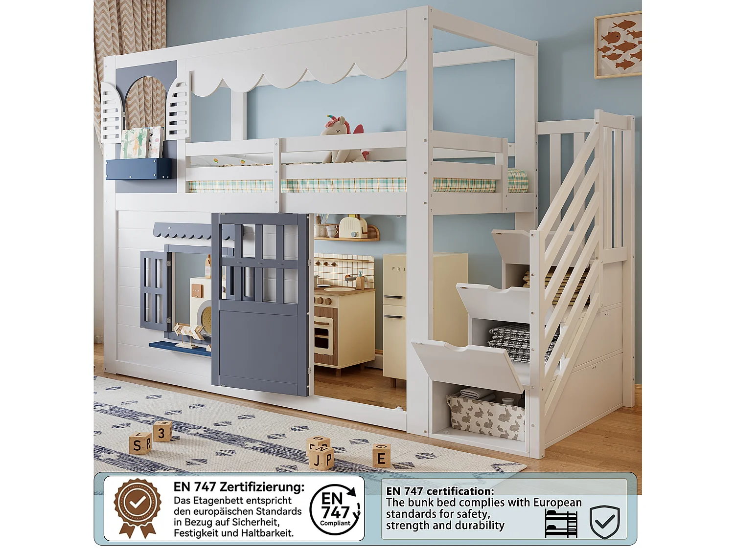 Letto a soppalco per bambini 90 x 200 cm con scaletta contenitore, porta e finestra - Pino + MDF - Bianco e blu (materasso non incluso)