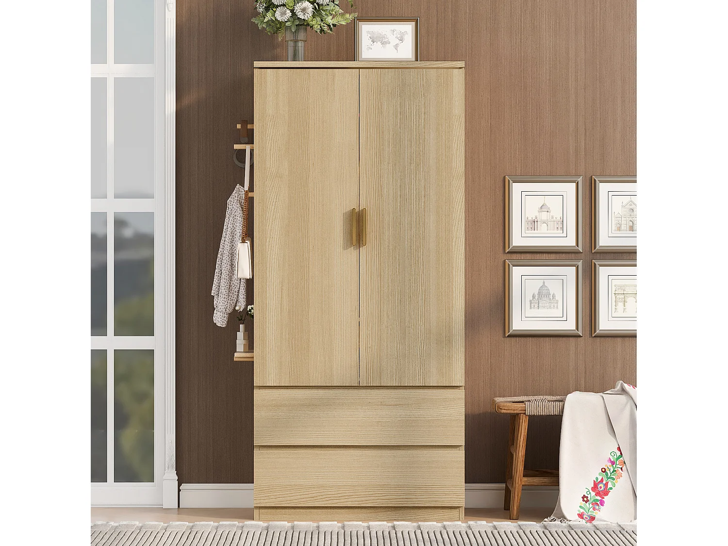 Kleiderschrank mit 2 Türen, 2 Schubladen und perforierten Metallseitenwänden – Sperrholz und MDF – 70 x 50 x 170 cm – Holzoptik