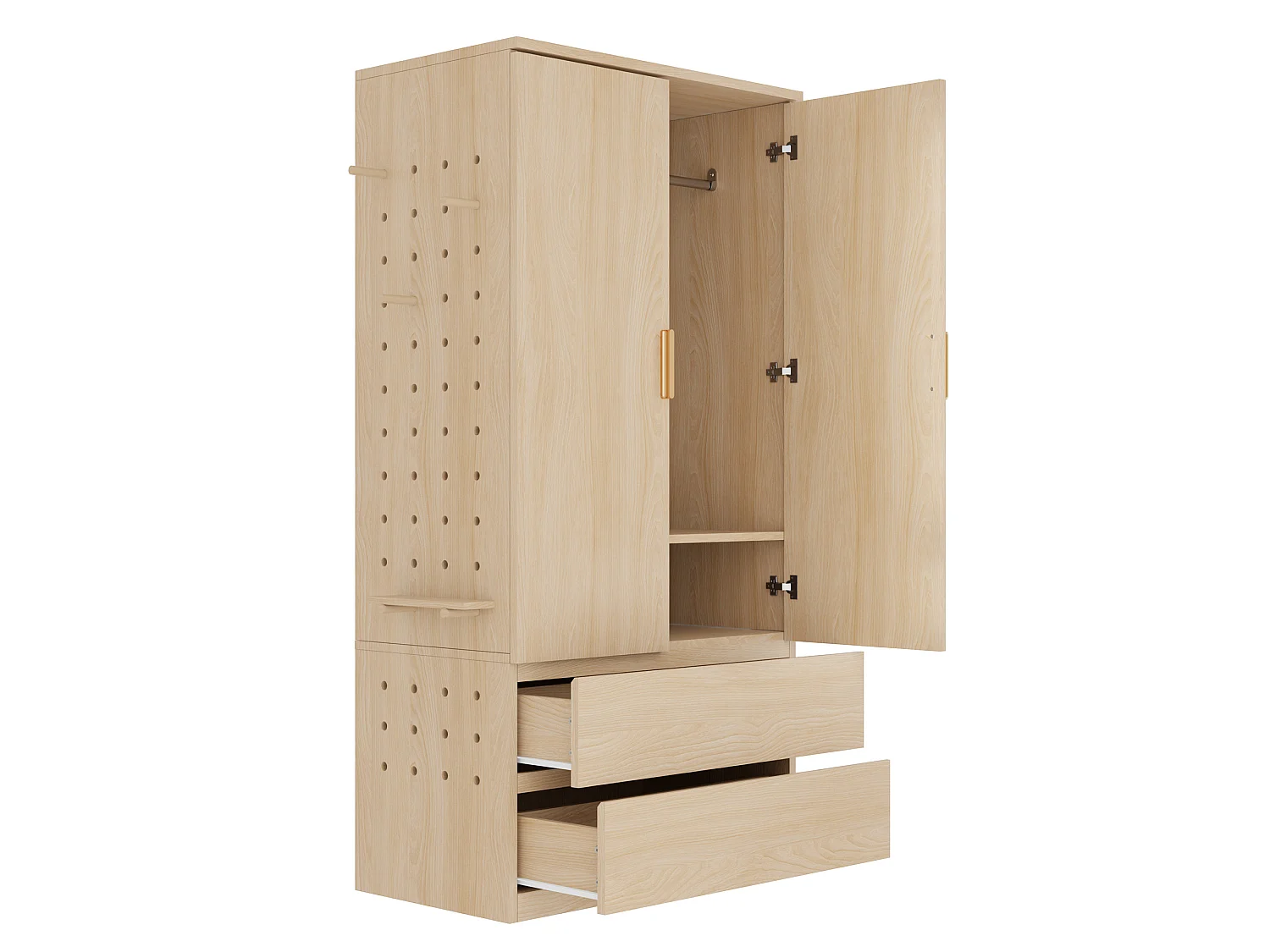 Kleiderschrank mit 2 Türen, 2 Schubladen und perforierten Metallseitenwänden – Sperrholz und MDF – 70 x 50 x 170 cm – Holzoptik