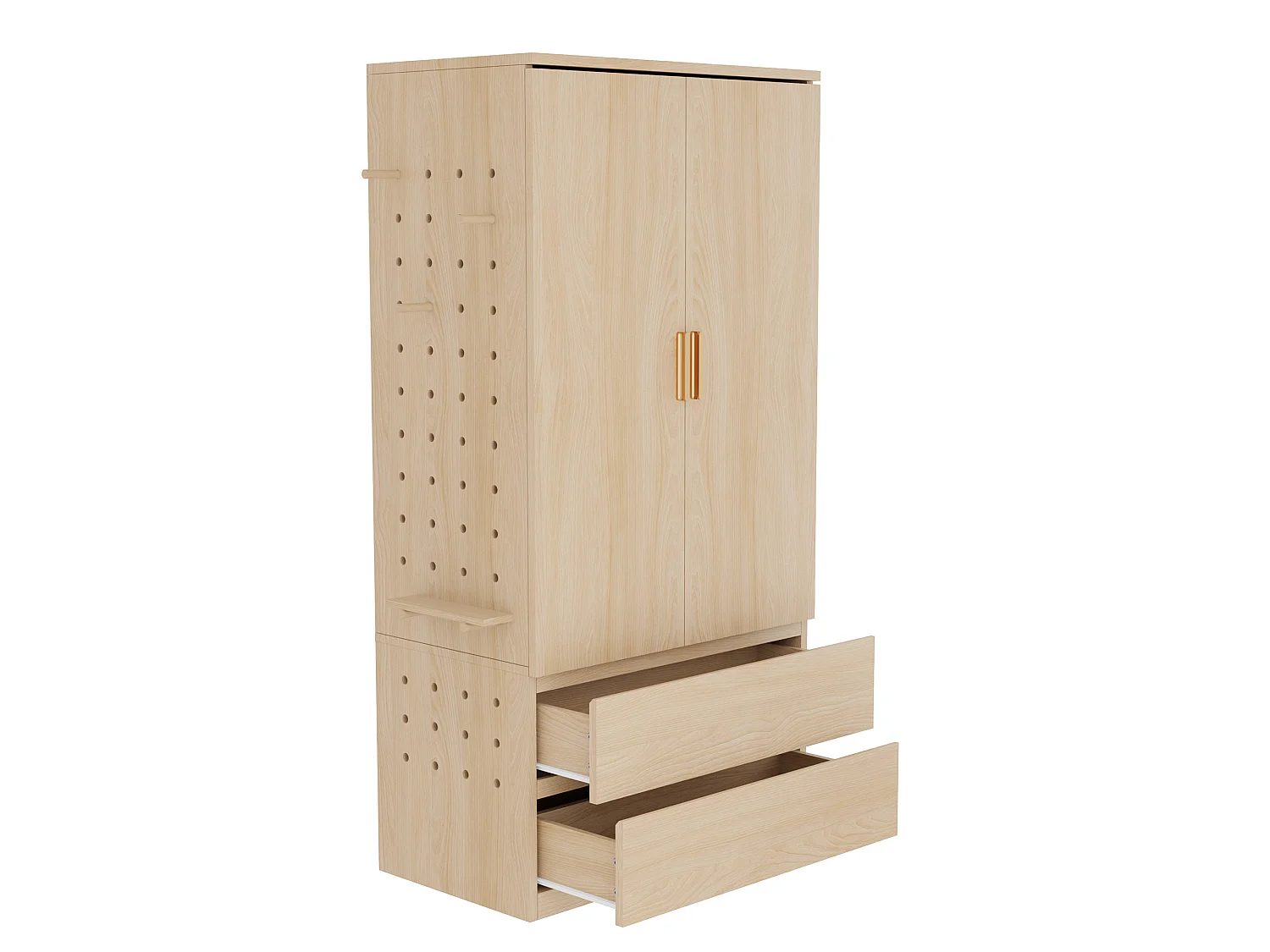 Kleiderschrank mit 2 Türen, 2 Schubladen und perforierten Metallseitenwänden – Sperrholz und MDF – 70 x 50 x 170 cm – Holzoptik