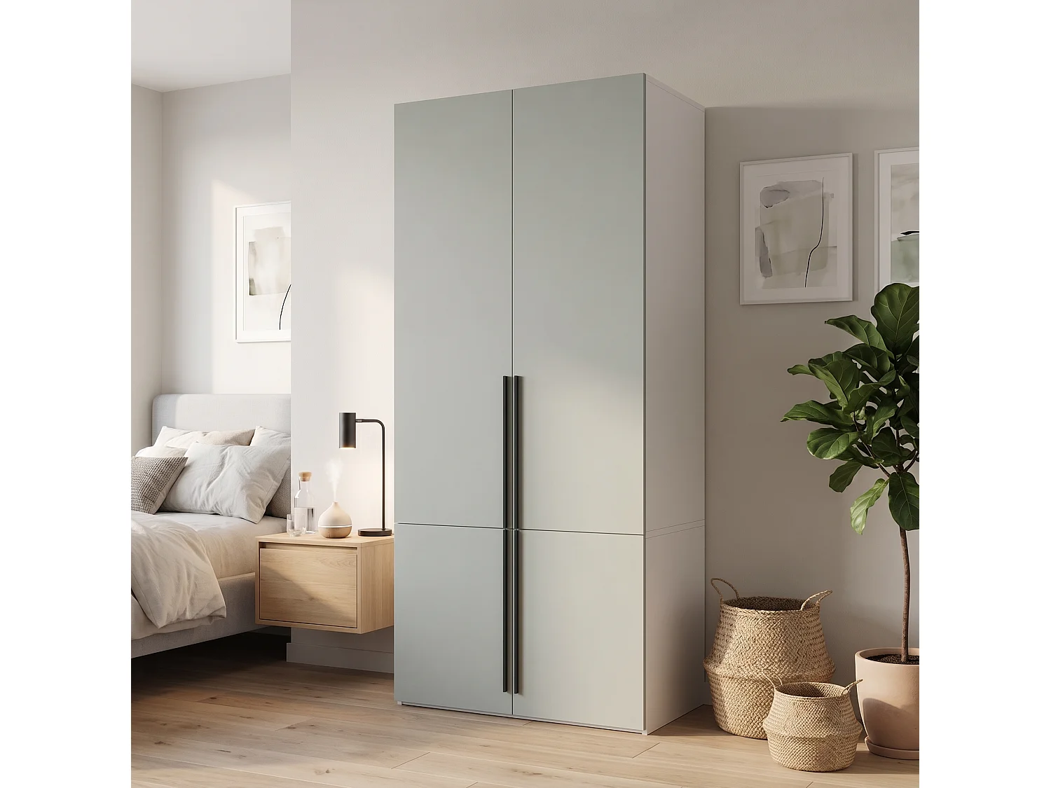 Armoire à 4 portes battantes, 1 penderie, porte-pantalons coulissant et 4 compartiments - MDF et panneaux de particules - 90 x 50 x 200 cm - gris