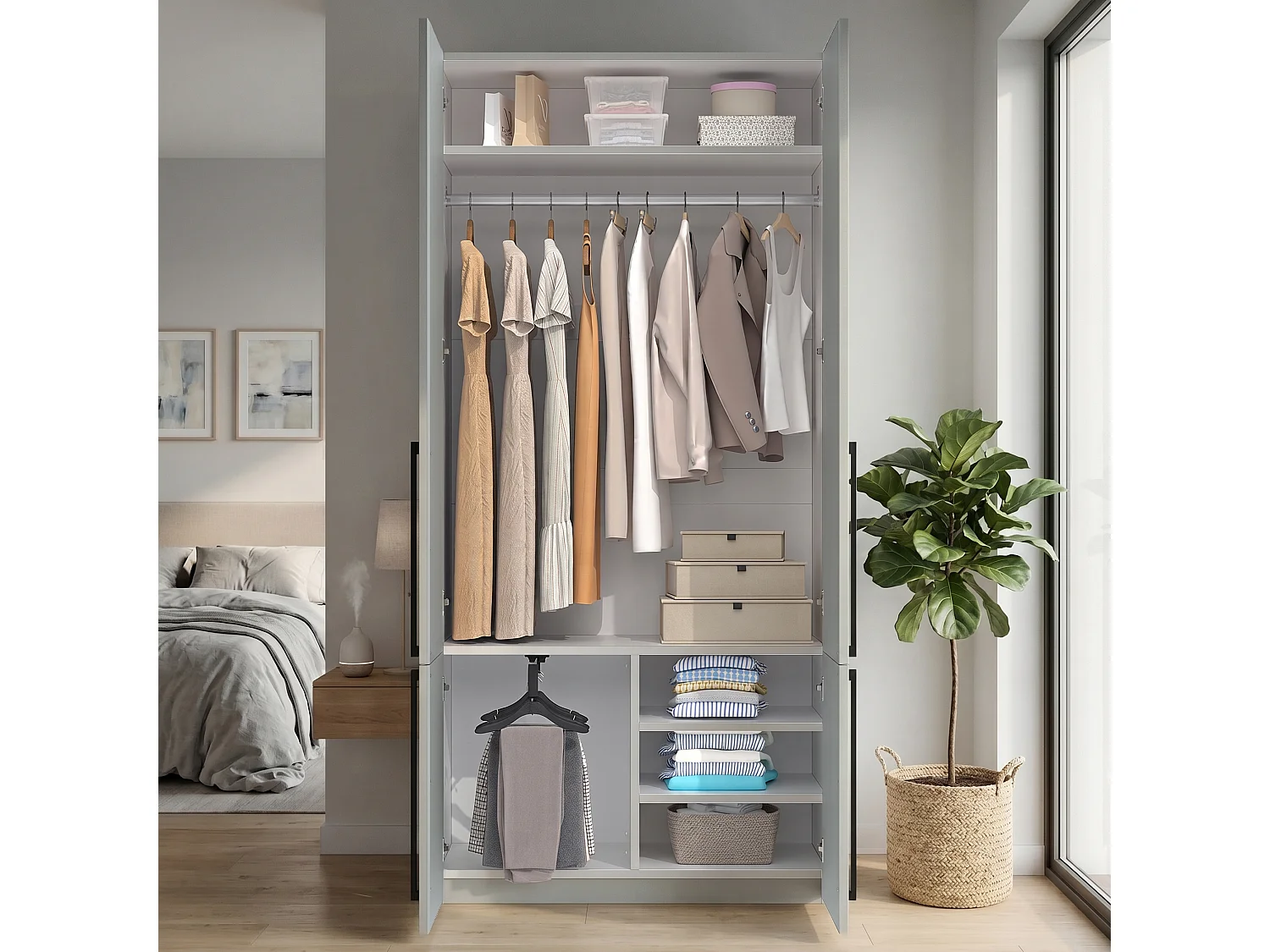 Armoire à 4 portes battantes, 1 penderie, porte-pantalons coulissant et 4 compartiments - MDF et panneaux de particules - 90 x 50 x 200 cm - gris
