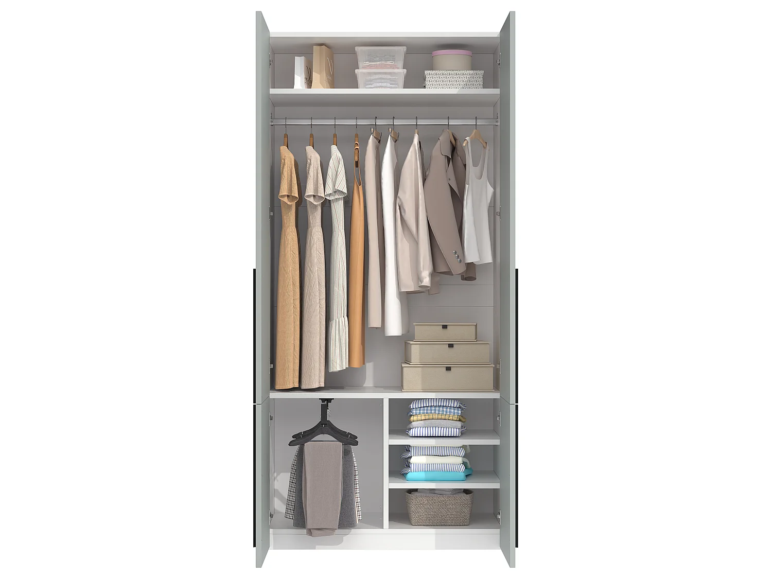Armoire à 4 portes battantes, 1 penderie, porte-pantalons coulissant et 4 compartiments - MDF et panneaux de particules - 90 x 50 x 200 cm - gris