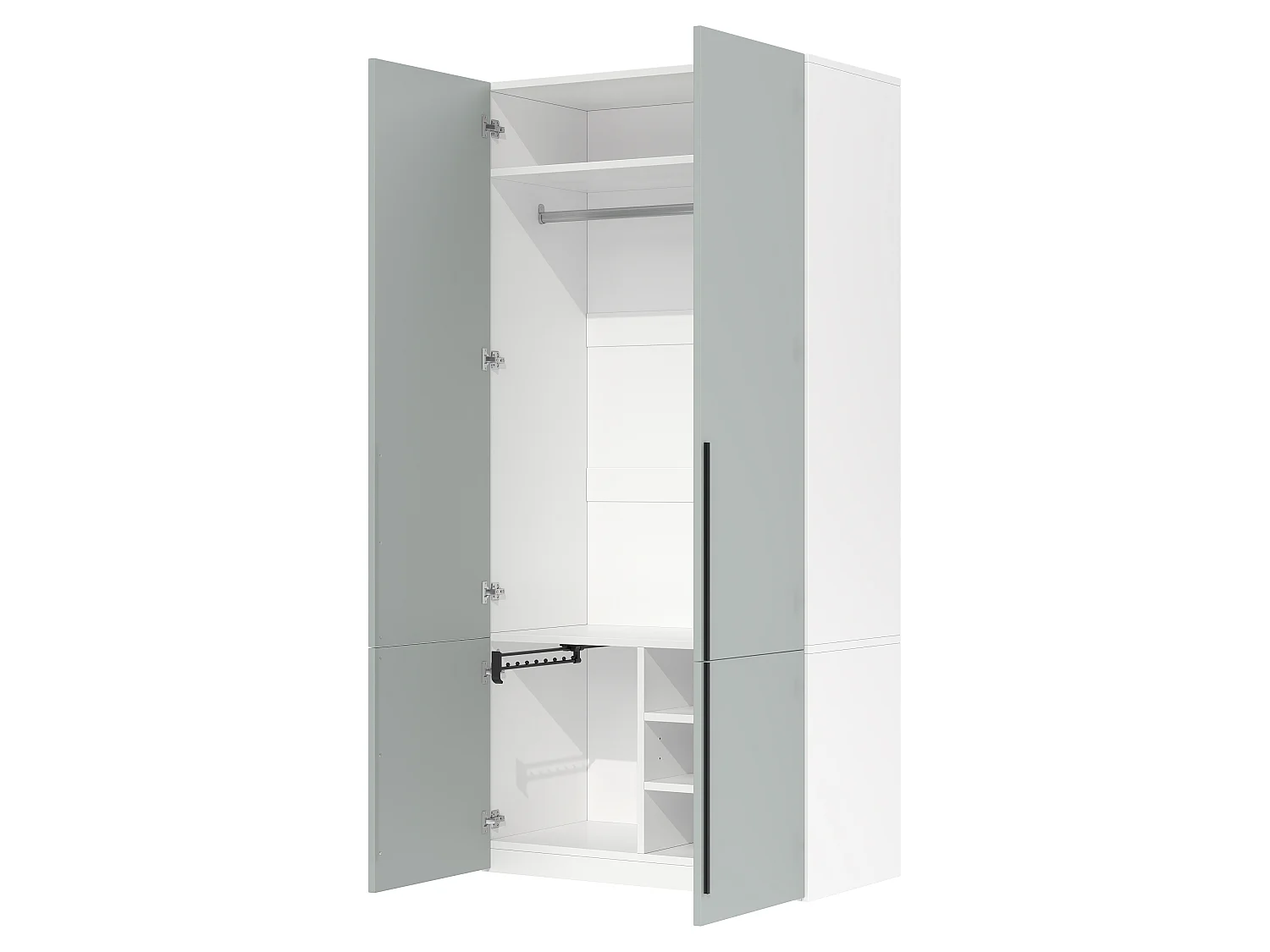 Armoire à 4 portes battantes, 1 penderie, porte-pantalons coulissant et 4 compartiments - MDF et panneaux de particules - 90 x 50 x 200 cm - gris