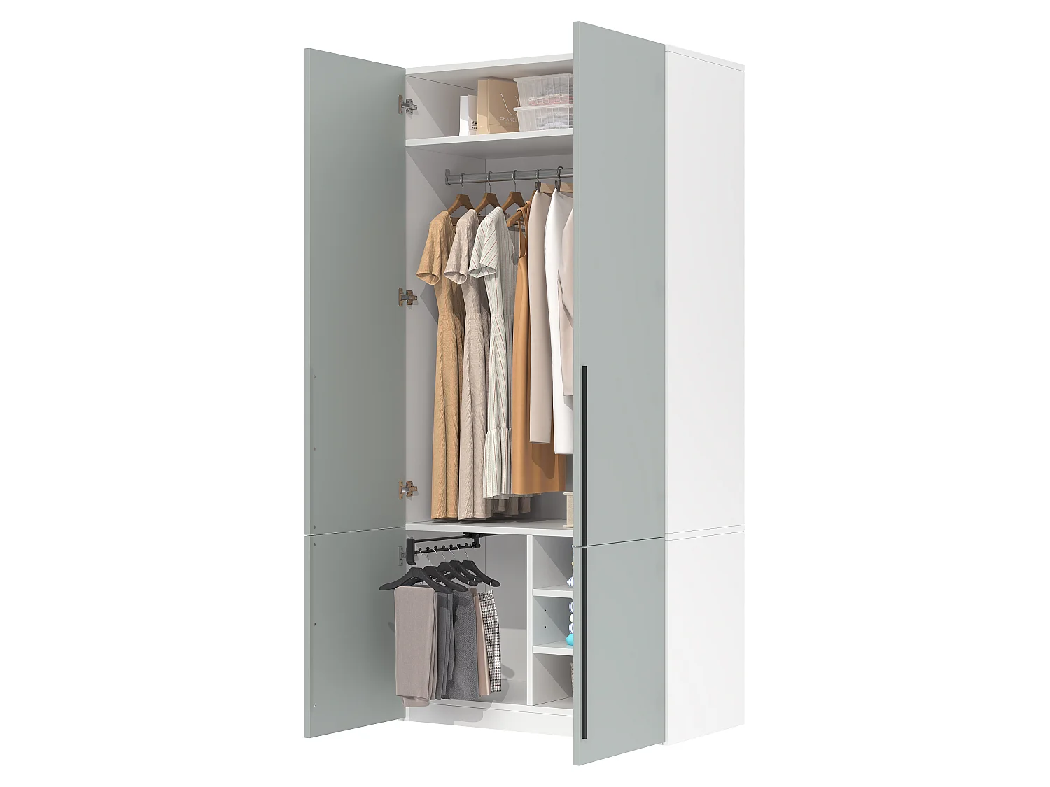 Armoire à 4 portes battantes, 1 penderie, porte-pantalons coulissant et 4 compartiments - MDF et panneaux de particules - 90 x 50 x 200 cm - gris