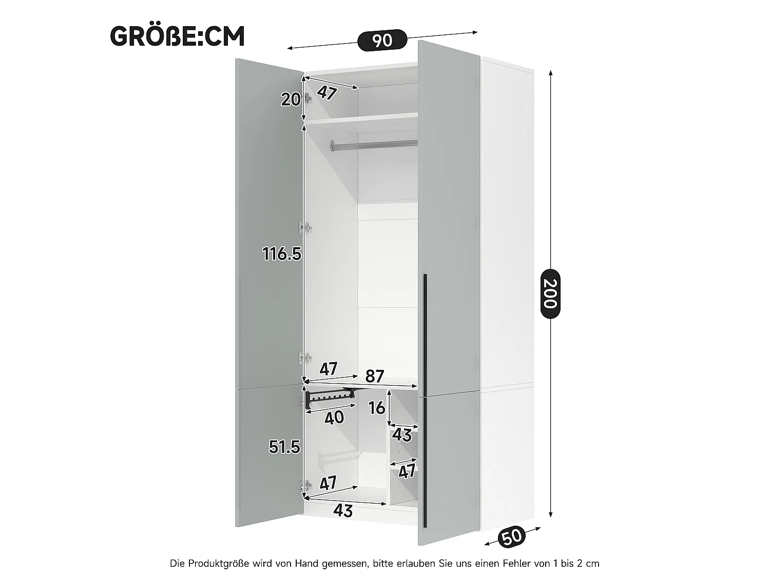 Armoire à 4 portes battantes, 1 penderie, porte-pantalons coulissant et 4 compartiments - MDF et panneaux de particules - 90 x 50 x 200 cm - gris