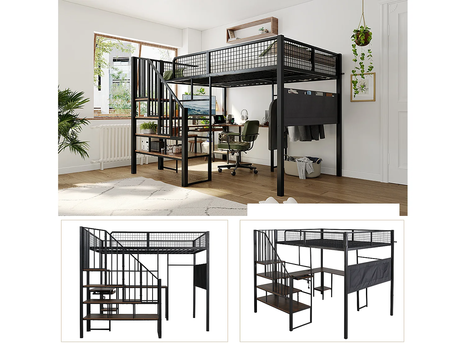 Lit mezzanine 140 x 200 cm avec bureau en L, escalier et port de charge - Métal - Noir (sans matelas)