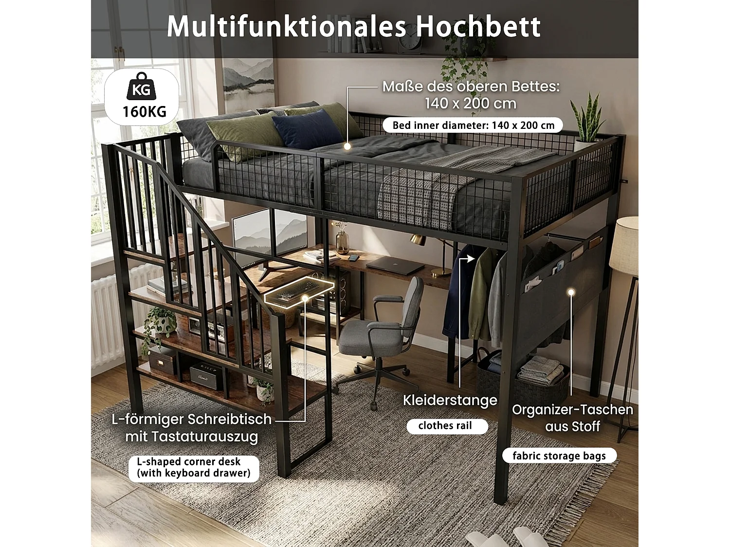 Lit mezzanine 140 x 200 cm avec bureau en L, escalier et port de charge - Métal - Noir (sans matelas)