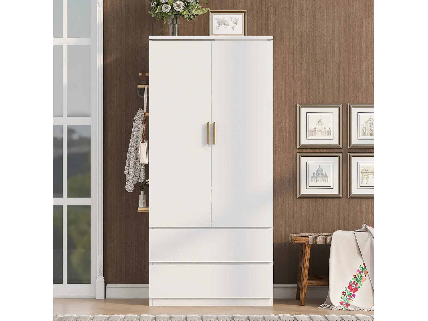 Kleiderschrank mit 2 Türen, 2 Schubladen und perforierten Metallseitenwänden – Sperrholz und MDF – 70 x 50 x 170 cm – Weiß