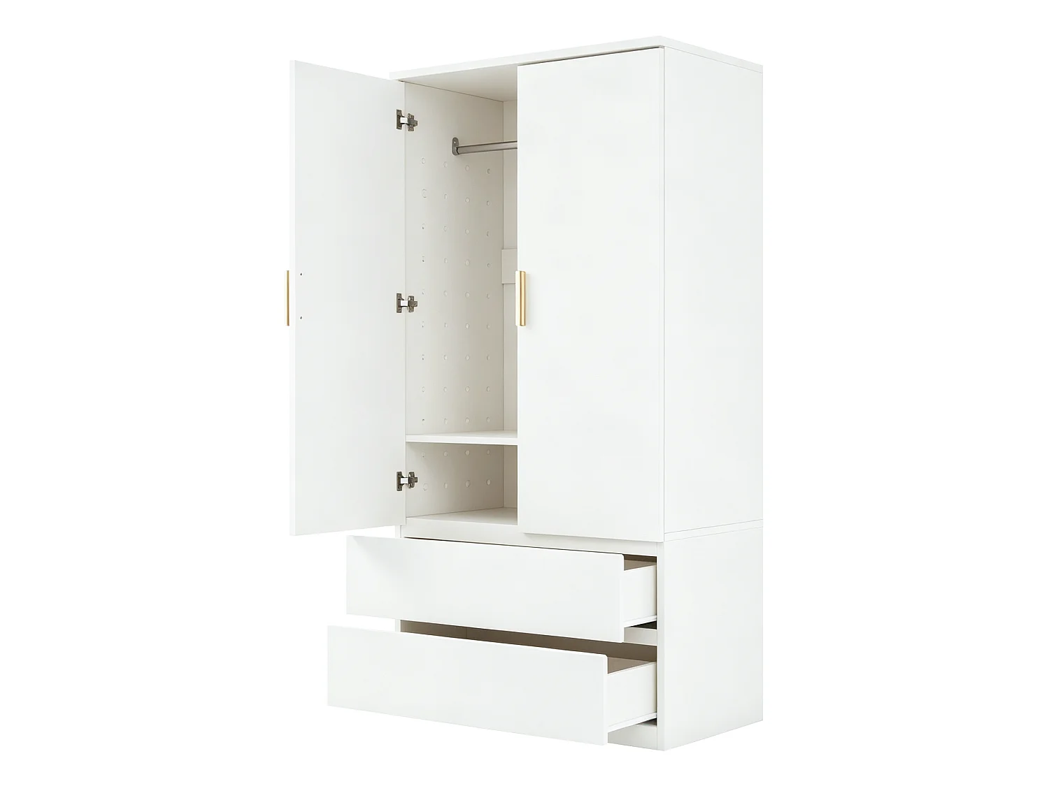 Kleiderschrank mit 2 Türen, 2 Schubladen und perforierten Metallseitenwänden – Sperrholz und MDF – 70 x 50 x 170 cm – Weiß