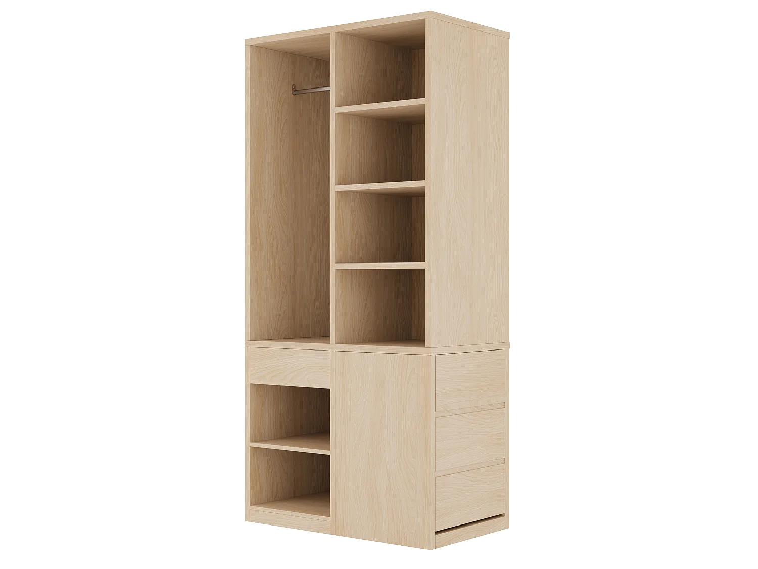 Kleiderschrank mit Kleiderstange, 4 Schubladen und offenen Regalfächern – Sperrholz und MDF – 70 x 50 x 170 cm – Holzoptik