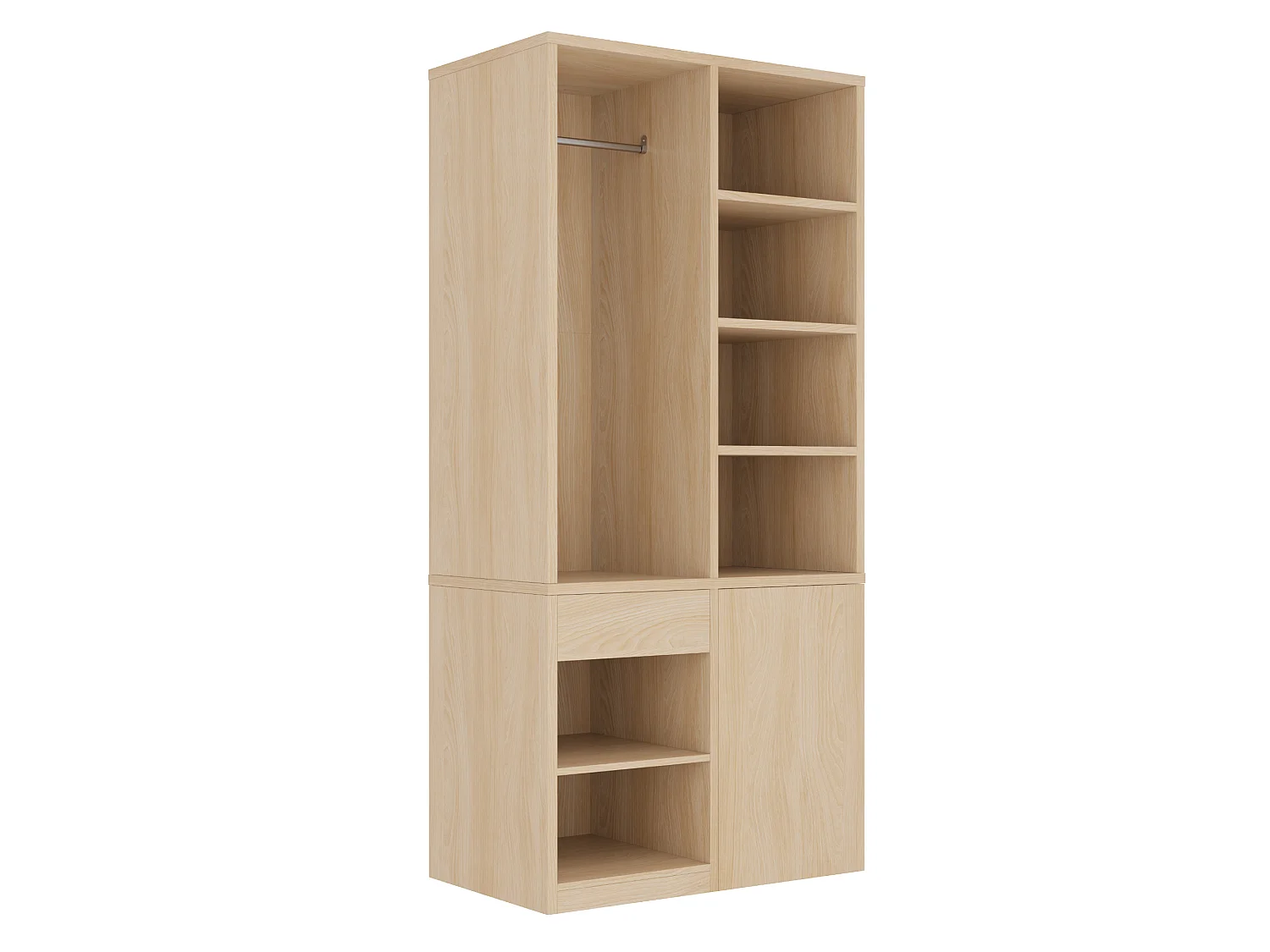 Kleiderschrank mit Kleiderstange, 4 Schubladen und offenen Regalfächern – Sperrholz und MDF – 70 x 50 x 170 cm – Holzoptik