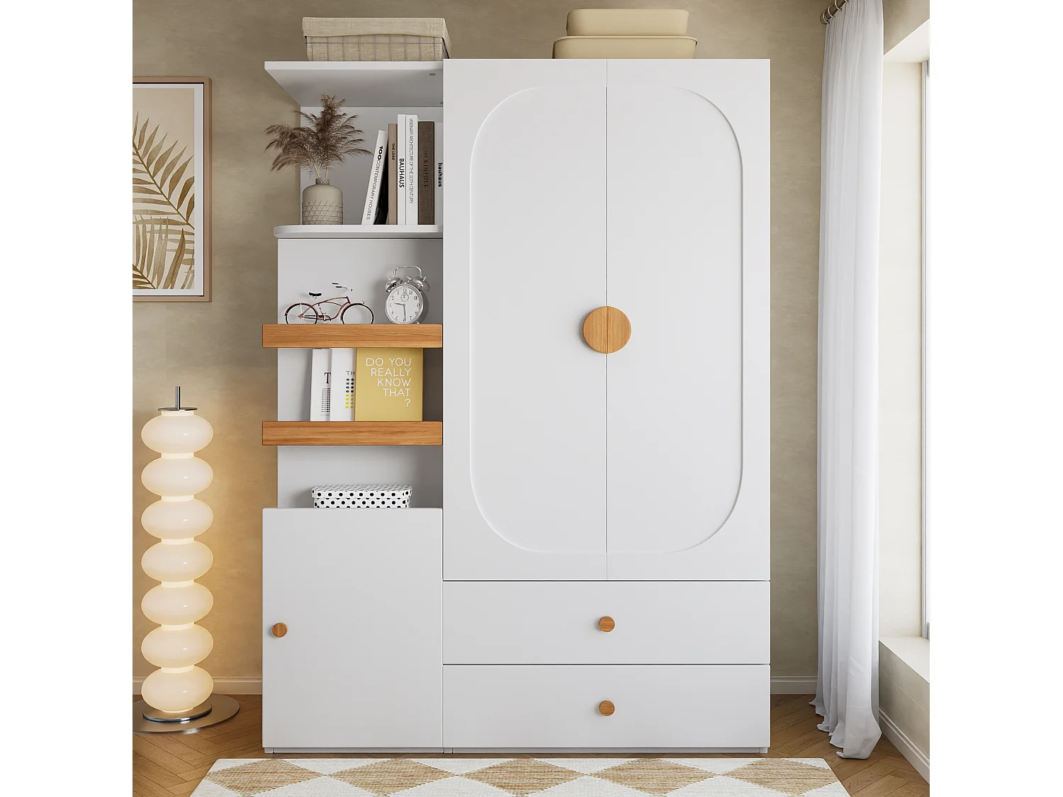 Kleiderschrank mit 3 Türen, Kleiderstange, 2 Schubladen und offenen Regalfächern – MDF – 125 x 50 x 180 cm – Weiß und Natur