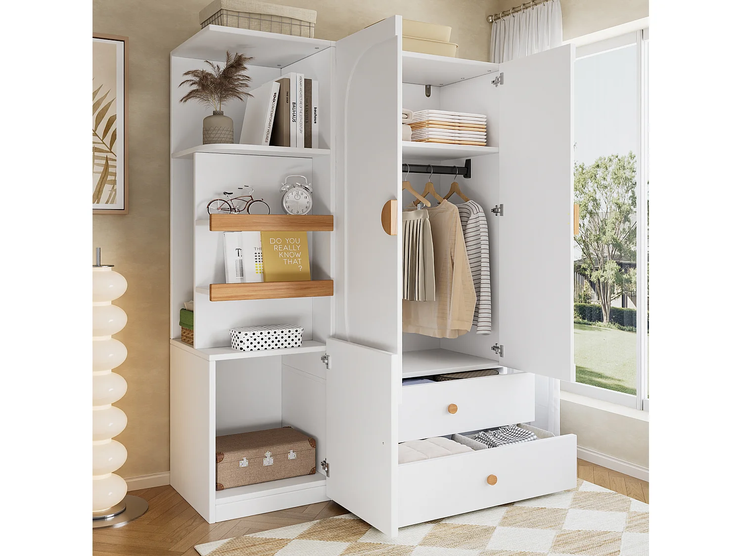 Kleiderschrank mit 3 Türen, Kleiderstange, 2 Schubladen und offenen Regalfächern – MDF – 125 x 50 x 180 cm – Weiß und Natur
